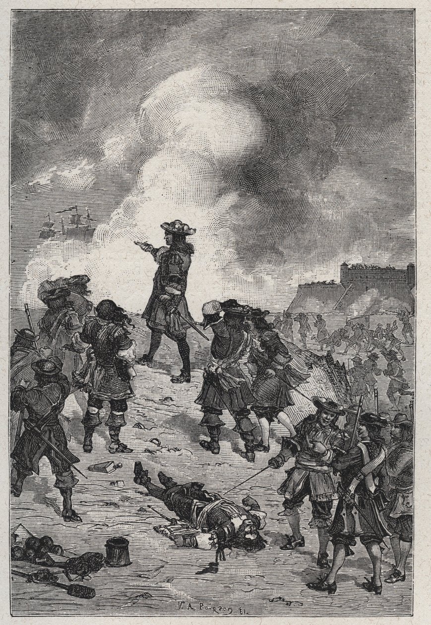 Sebastian the Prestre seigneur of Vauban (1633-1717), marechal of France defends Brest against an attack by the English fleet in 1695 - engraving in 