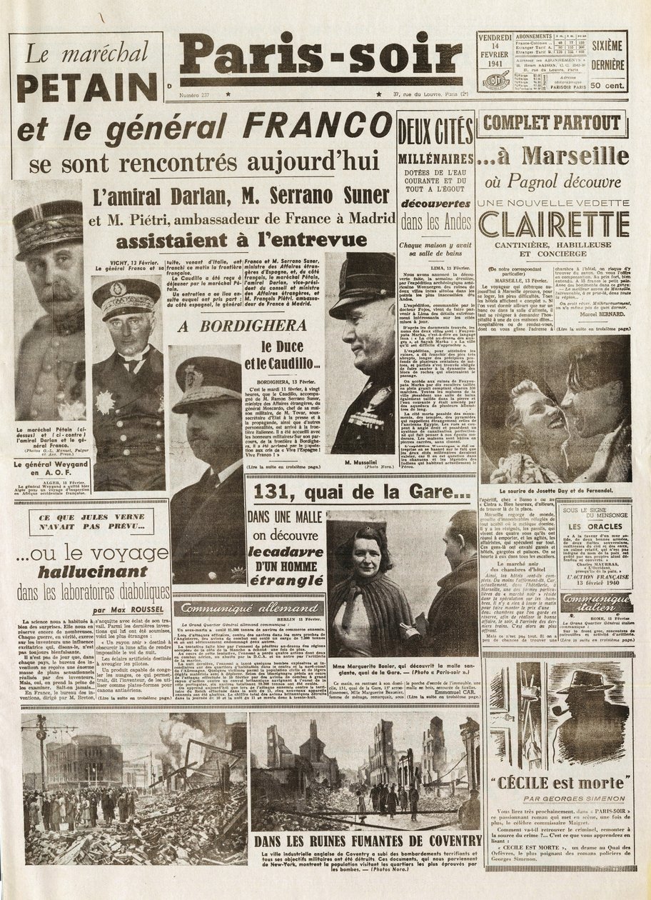Second World War (1939-1945) - World War II (WWII or WW2): Paris Source [No. 237] of 14/02/1941 - Meeting between Marshal Petain and General Franco by French School
