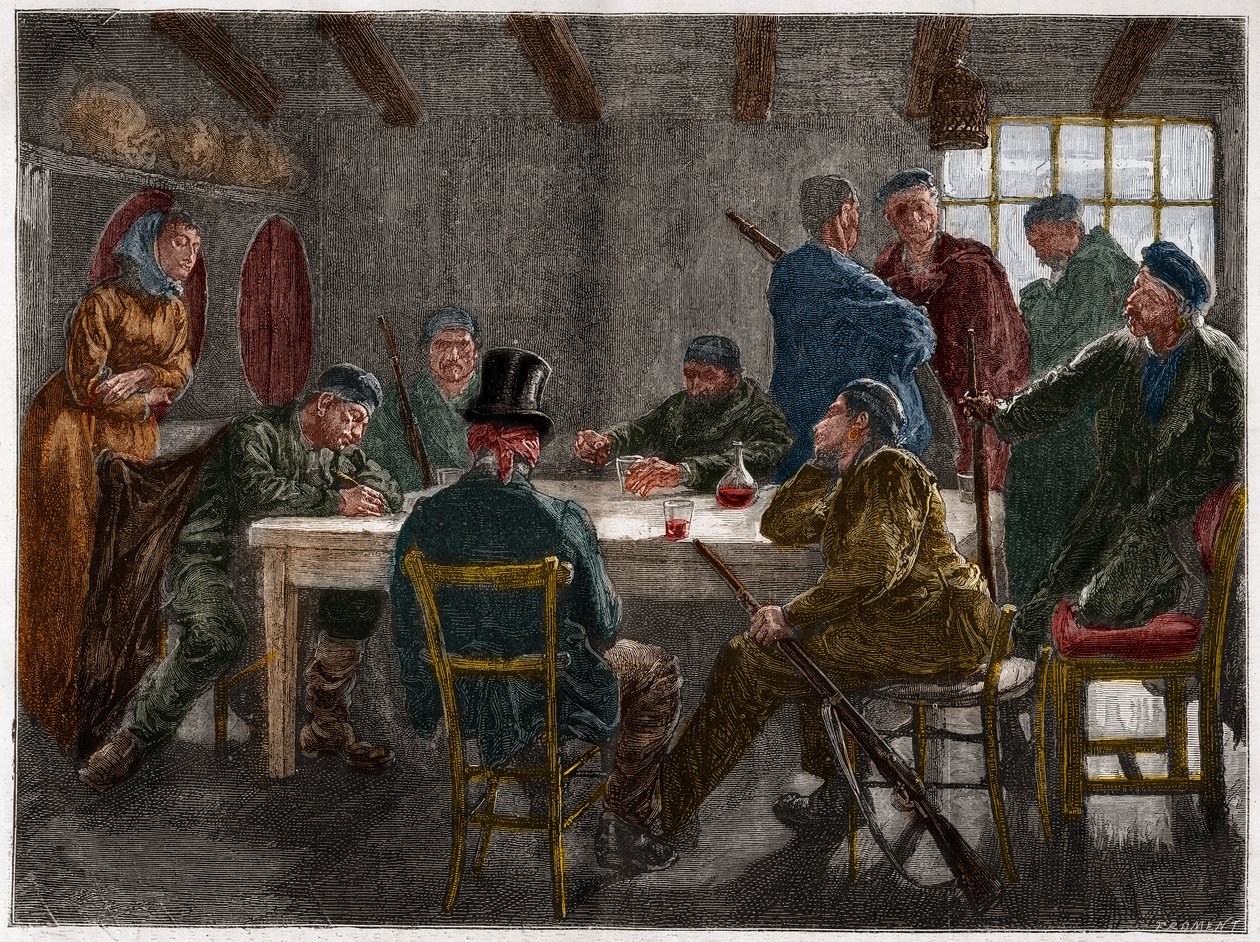 Sicilian mafia in the 19th century: Interrogation of a landowner abrogated by Sicilian mafiosi in 1873. Engraving from 1873. by French School