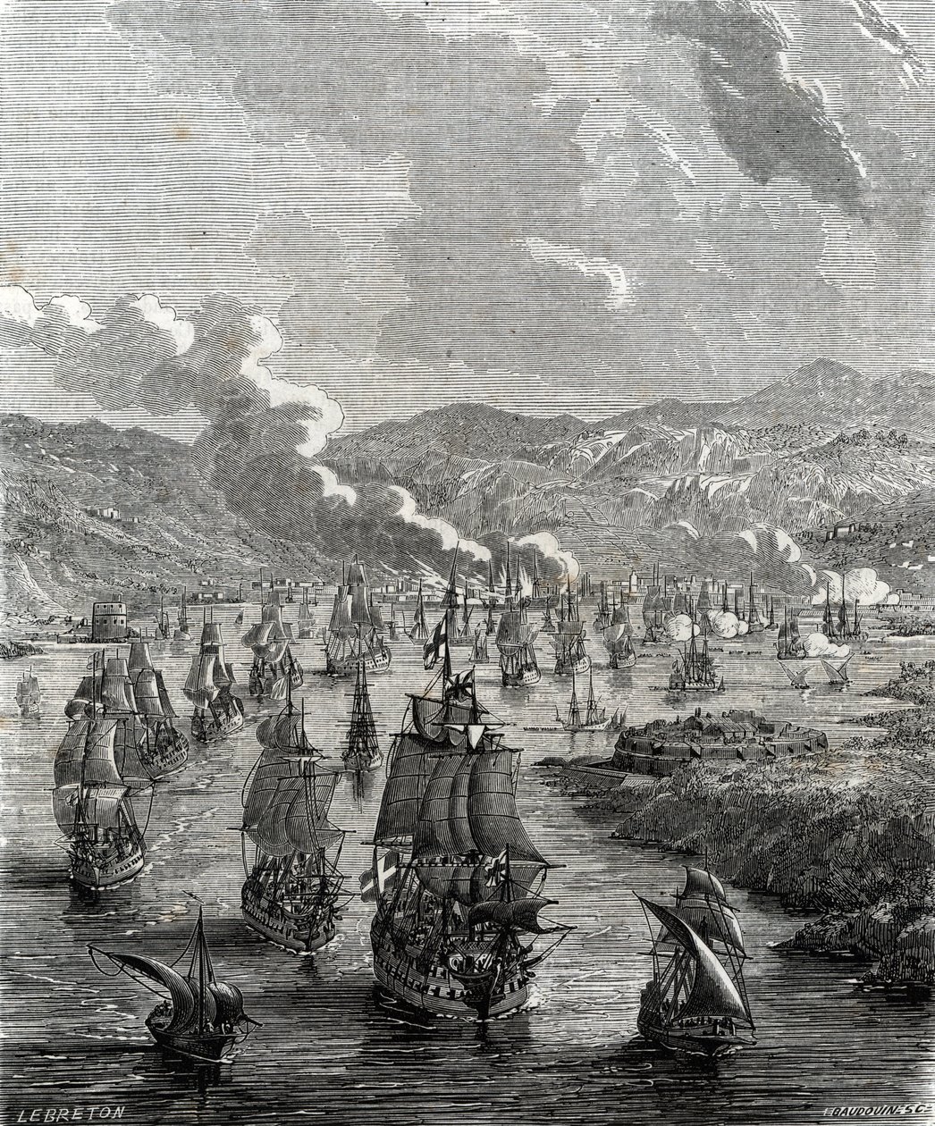 Siege of Toulon took place between 29 July to 21 August 1707 during the War of the Spanish Succession when an Allied land and sea force besieged the French naval base at Toulon (engraving) by French School