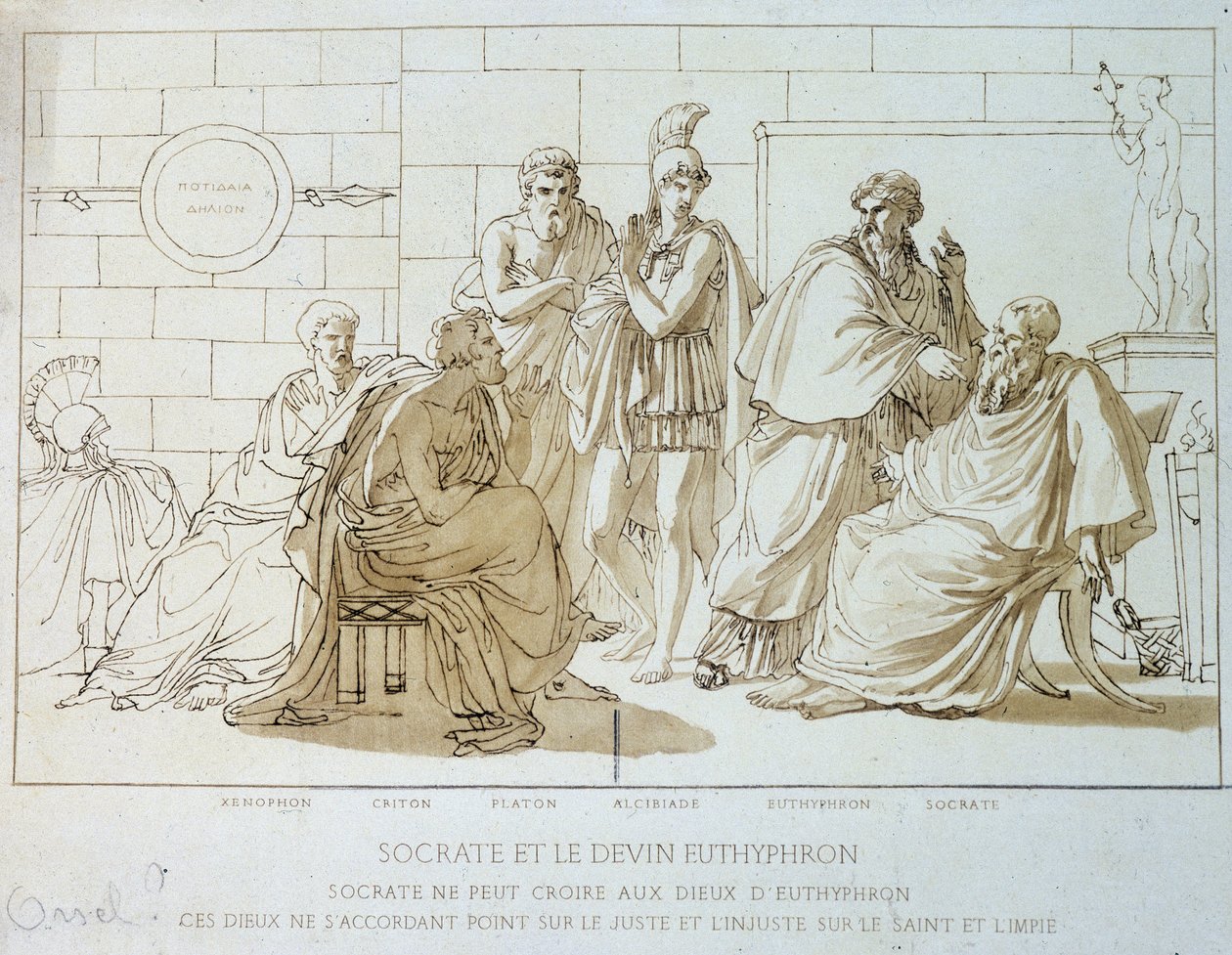 Socrates and the soother Euthyphron: Socrates cannot believe in the Gods of Euthyphron, these Gods do not agree on the righteous and the unjust over the Holy and the ungodly. Representation of Xenophon, Criton, Plato, Alcibiade, Euthyphron and Socrates. by French School