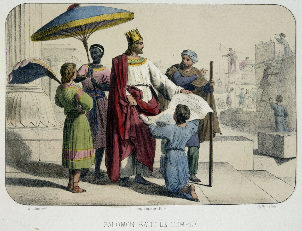 Solomon built the temple (the construction site in the background) by French School