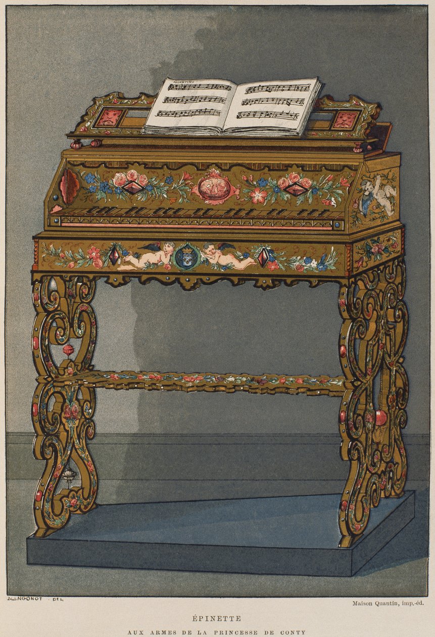 Spinet with the Coat of Arms of Princess of Conti (from Dictionnaire de Lameublement et de la Decoration by Henry Havard, Volume 2, Plate 26) by French School