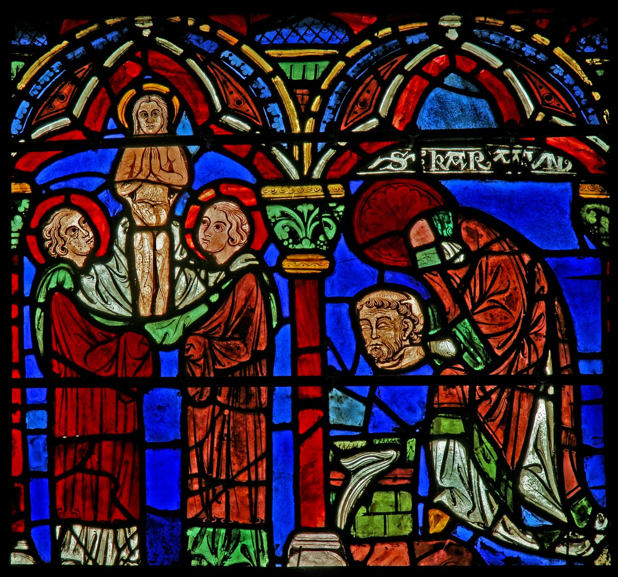 St Cheron Window: Carries His Head to Fountain of St Mesme; His Soul Ascends by French School