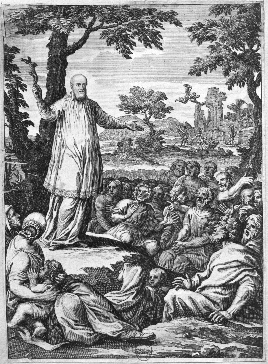 St. Francis of Sales preaching to the heretics of Chablais (engraving) by French School