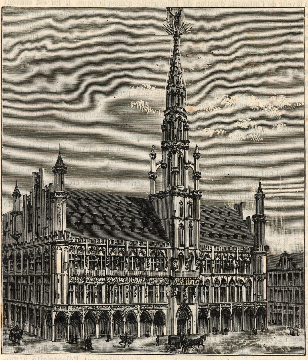 System of lightning rods at the Brussels City Hall in the 19th century - Engraving in 