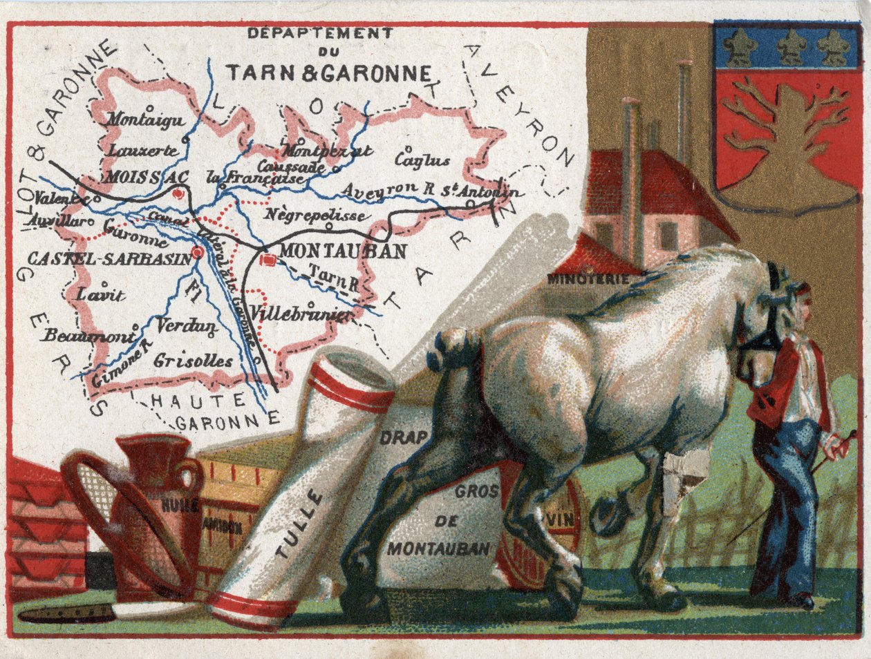Tarn et Garonne, Midi-Pyrenees, France. Local speciality: oil, starch, tulle, wholesale Montauban sheet, wine and flour mill. Series on the French Departments. Chromolithography around 1890 by French School