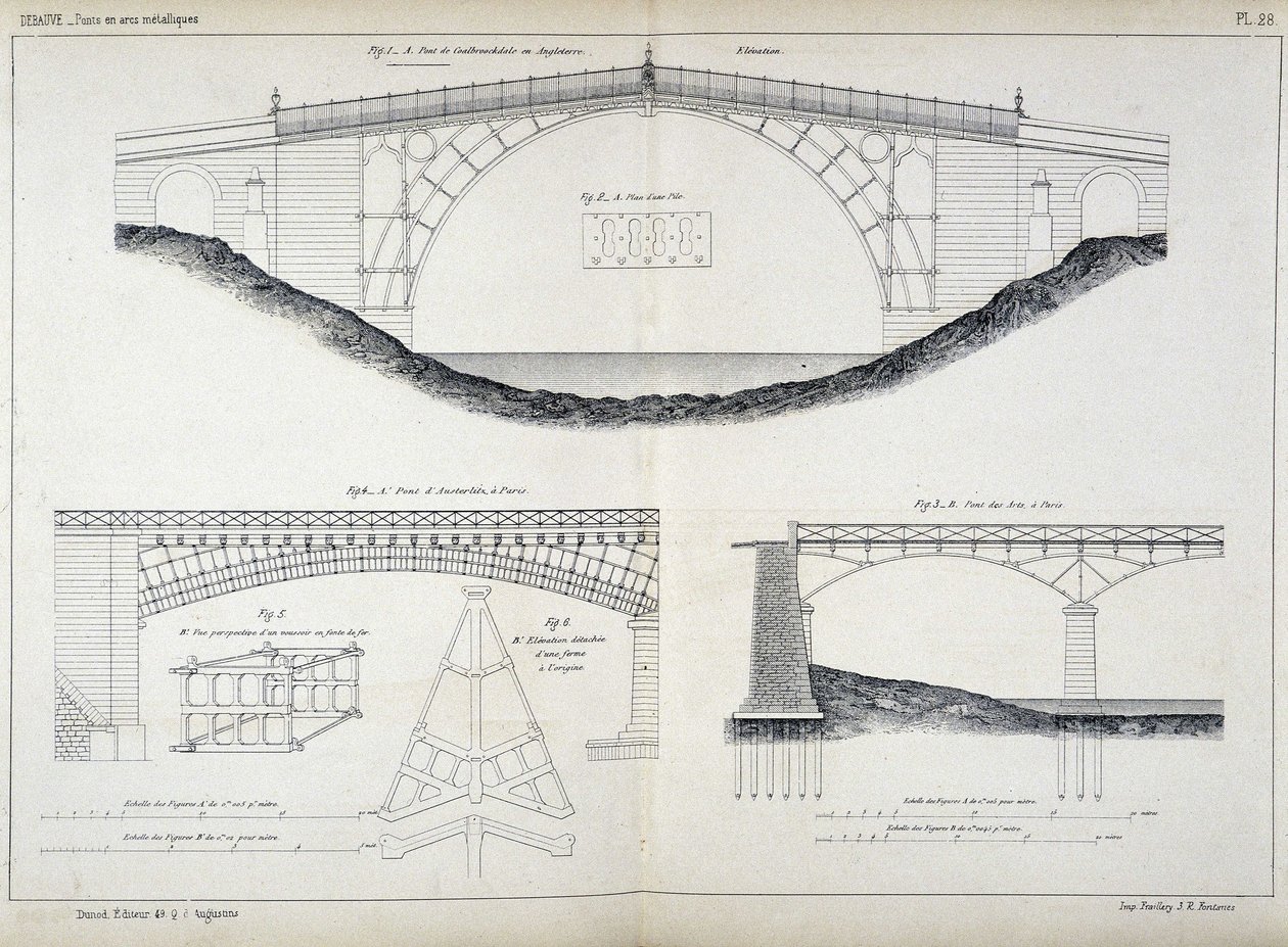 Technical Drawings of the Ironbridge Bridges in Coalbrookdale (1779, England), Austerlitz and Arts in Paris, Taken from the Manuel de l
