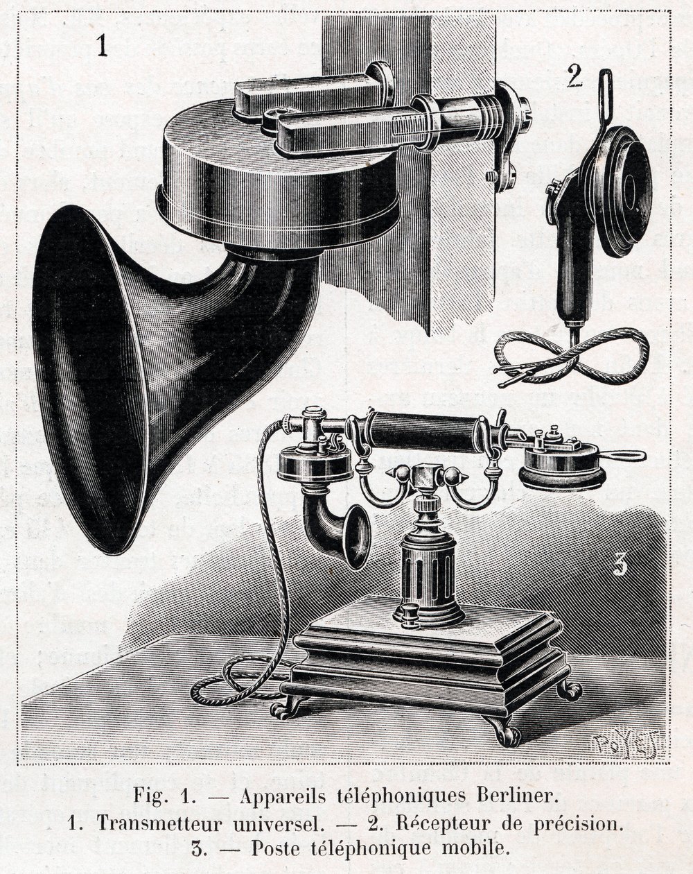 Telephonic apparatus - Berliner System - engraving in La Nature from 1902