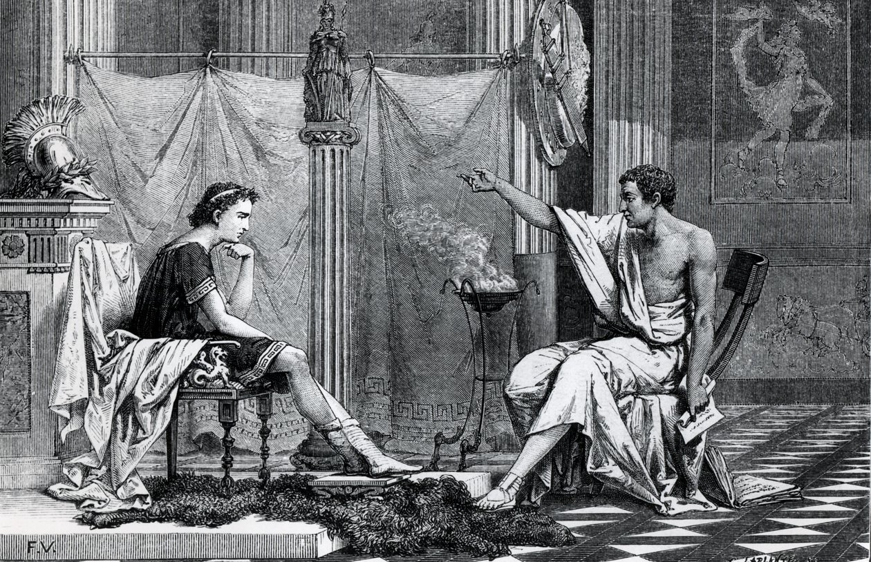 The Education of Alexander the Great (356-323 BC) by Aristotle (384-322 BC) from a book by L. Figuier by French School