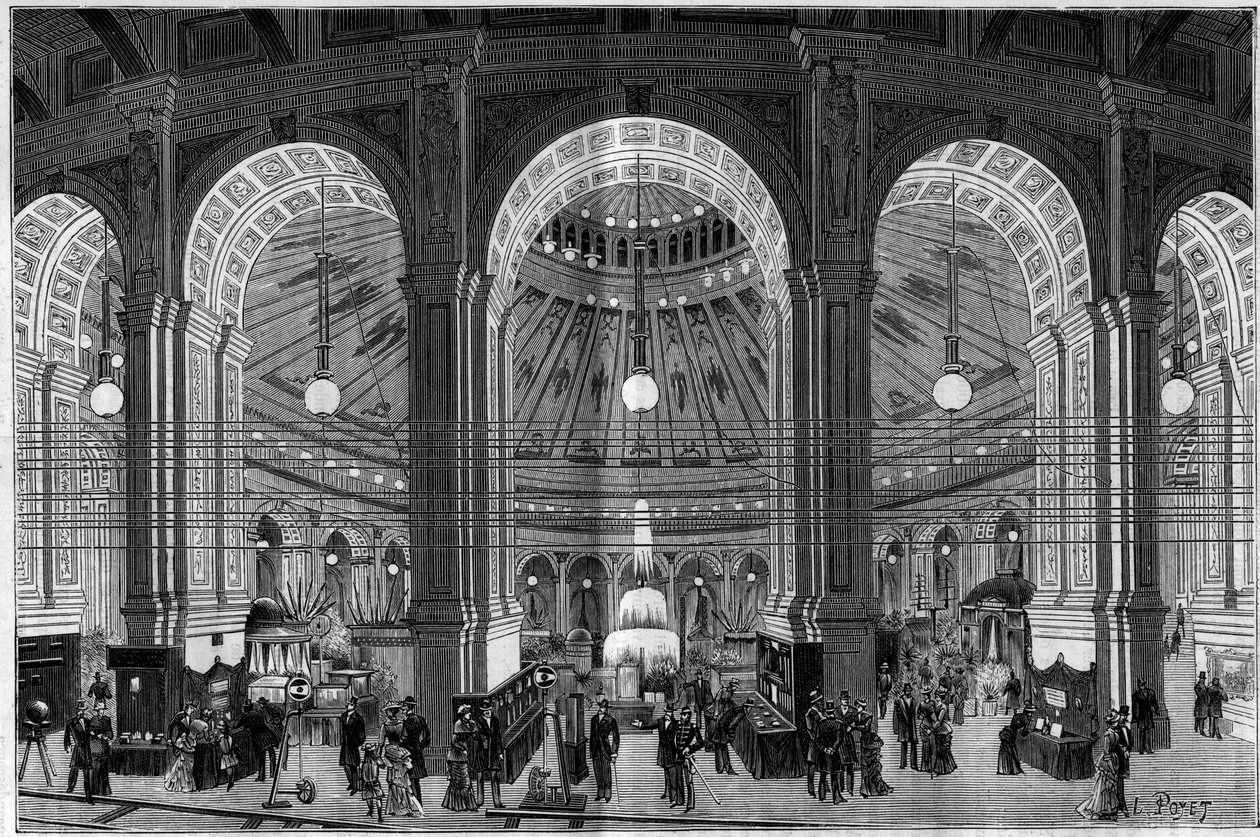 The Electricity Exhibition in Vienna (Austria), an overview of the large rotunda illuminated by electric light. Engraving in 