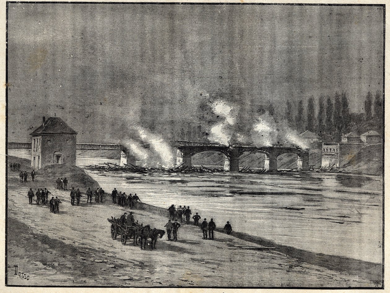 The Franco-Prussian War - The defense of Paris - burning the Bridge of Asnieres - Fire of the bridge of Asnieres during the siege (defense) of Paris - Engraving in Les combatants de 1870-71 by commander Leonce Rousset (1850-1938) by French School