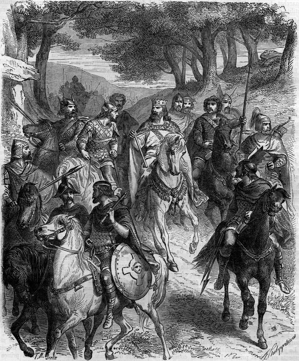 The French lords at the assembly of Quiercy: the capitulary of Quierzy (founding articles of feudalism by the heredity of honours), promulgated on 14 June 877 at Quierzy sur Oise by Charles the Bald to regulate the smooth running of his empire while he was by French School