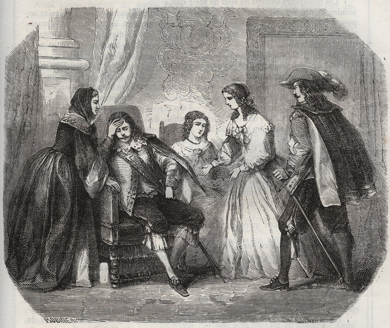 The King of France Louis XIII (1601-1643) is caught with migraine when he speaks to Queen Anne of Austria (1601-1666). Engraving from 1871 in 