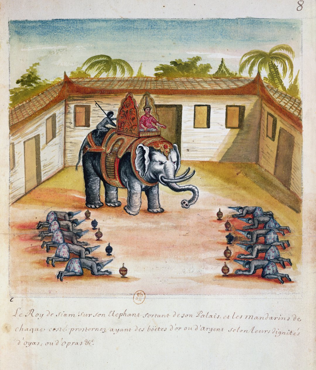 The King of Siam on his Elephant, from an account of the Jesuits in Siam, 1688 by French School