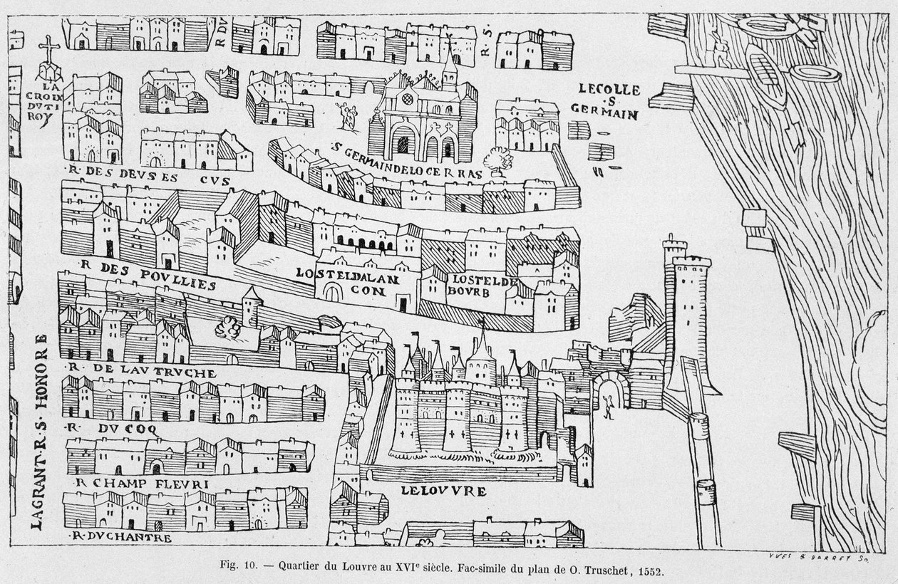 The Louvre district in the 16th century, facsimile of the plan of Truschet by French School