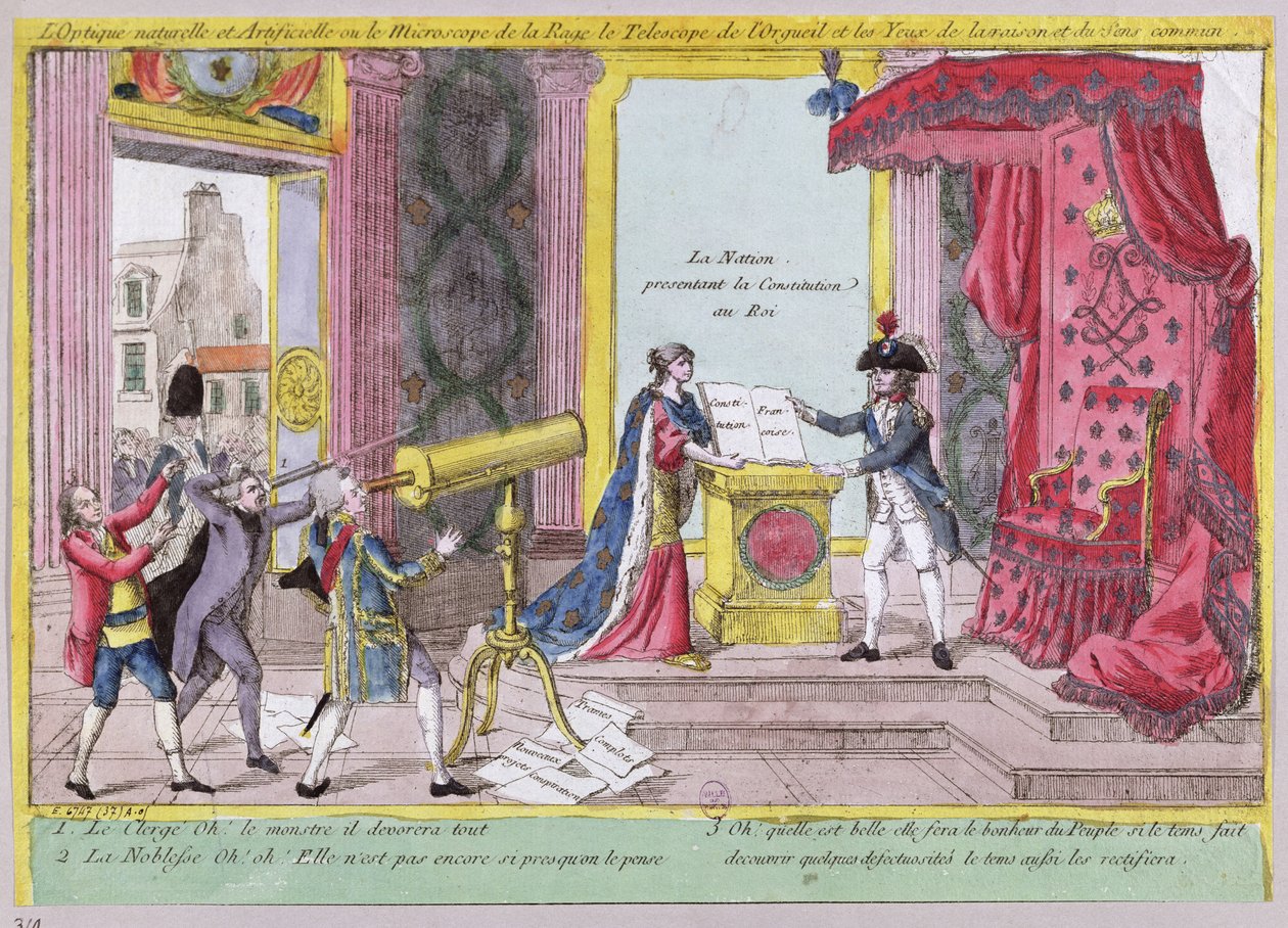 The Microscope of Rage, the Telescope of Pride and the Eyes of Reason and Common Sense, caricature of the reaction of the nobility and clergy to the French Constitution, c.1791 by French School