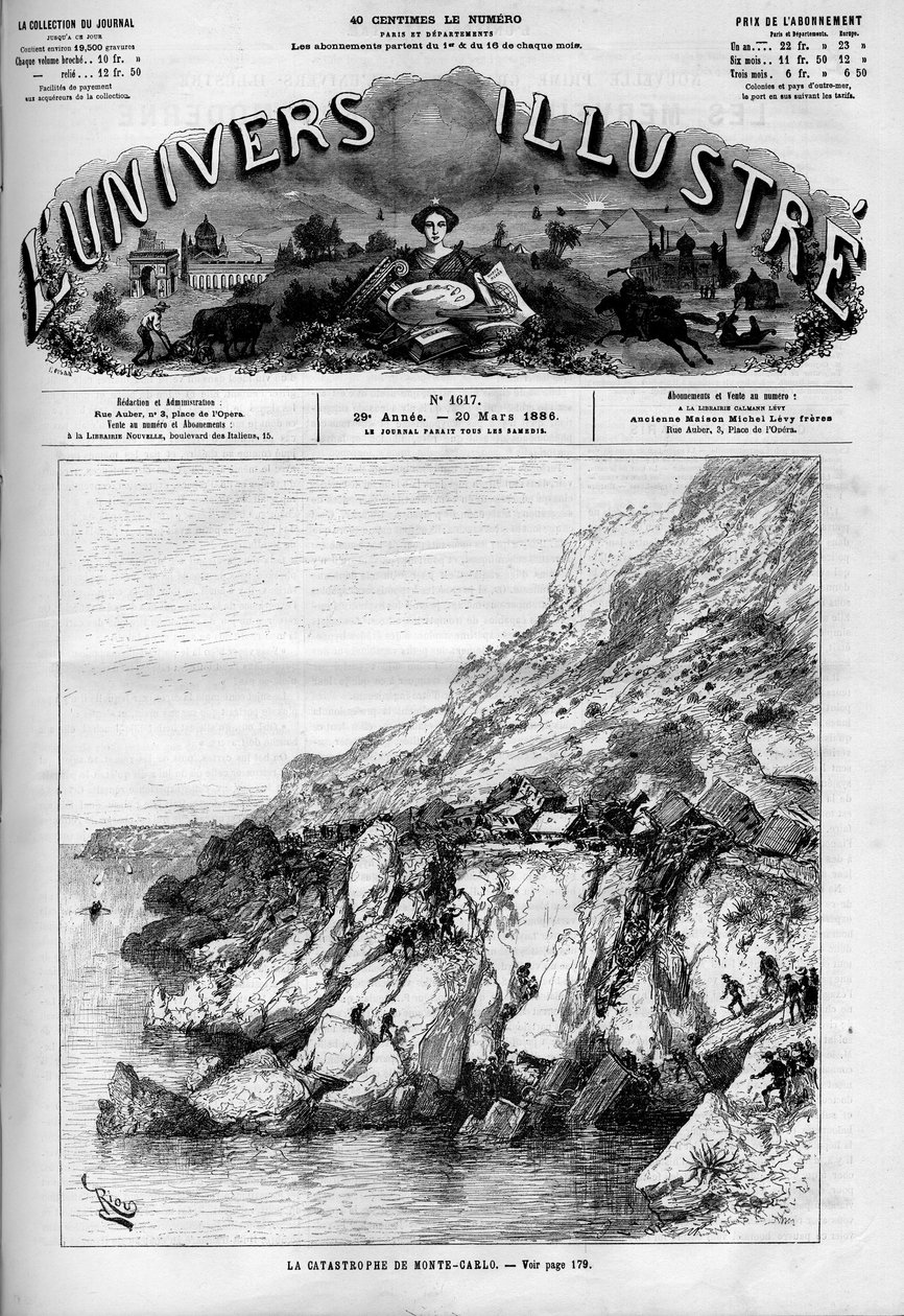 The Monte Carlo disaster: train accident on the railway line along the coast. A newspaper. Engraving in 