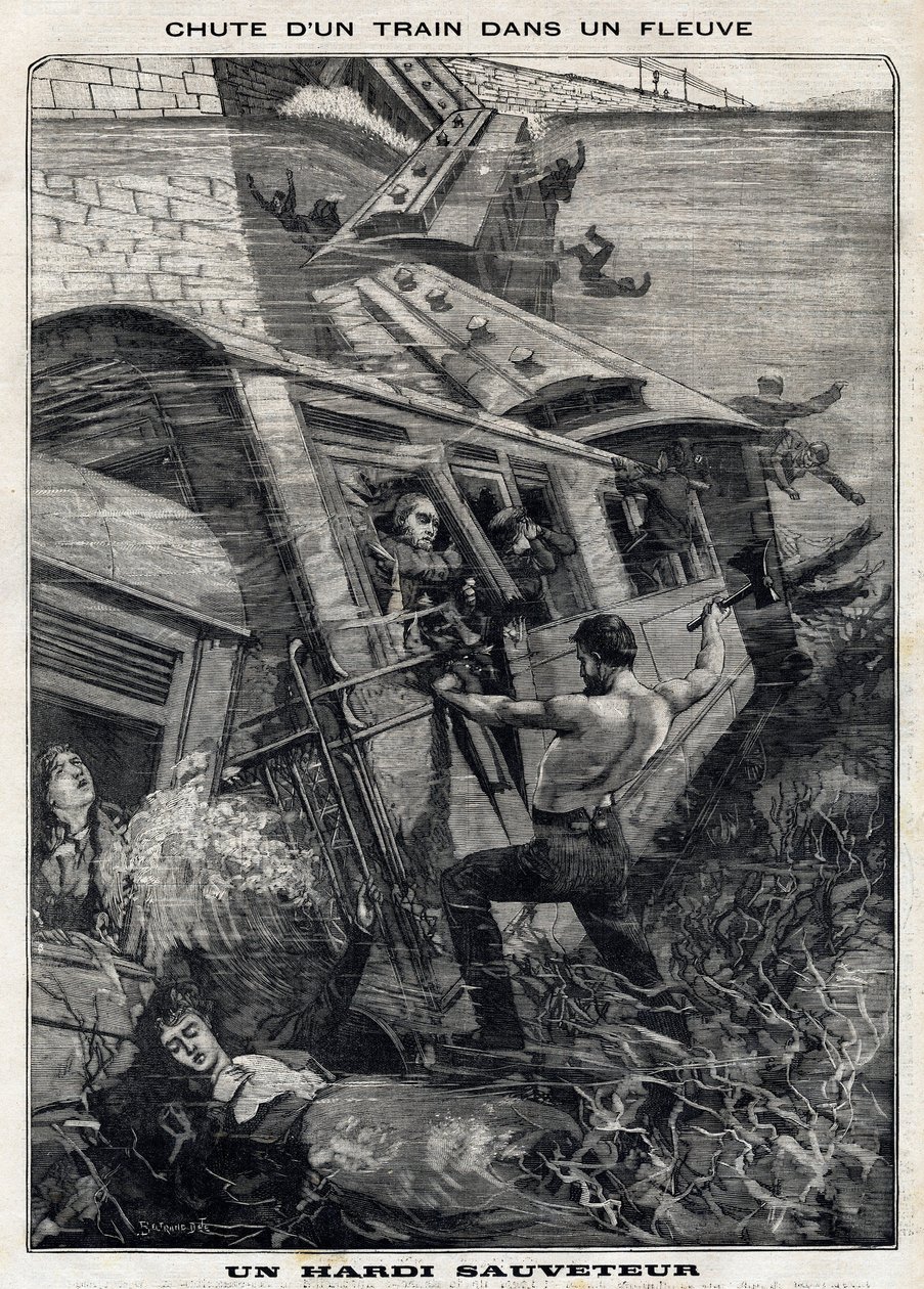 The New York Buffalo Train Falls into a River in the United States: A Man Tries to Save Passengers at Risk of Drowning. In Le Petit Parisien on 7/11/1897. Private Collection by French School