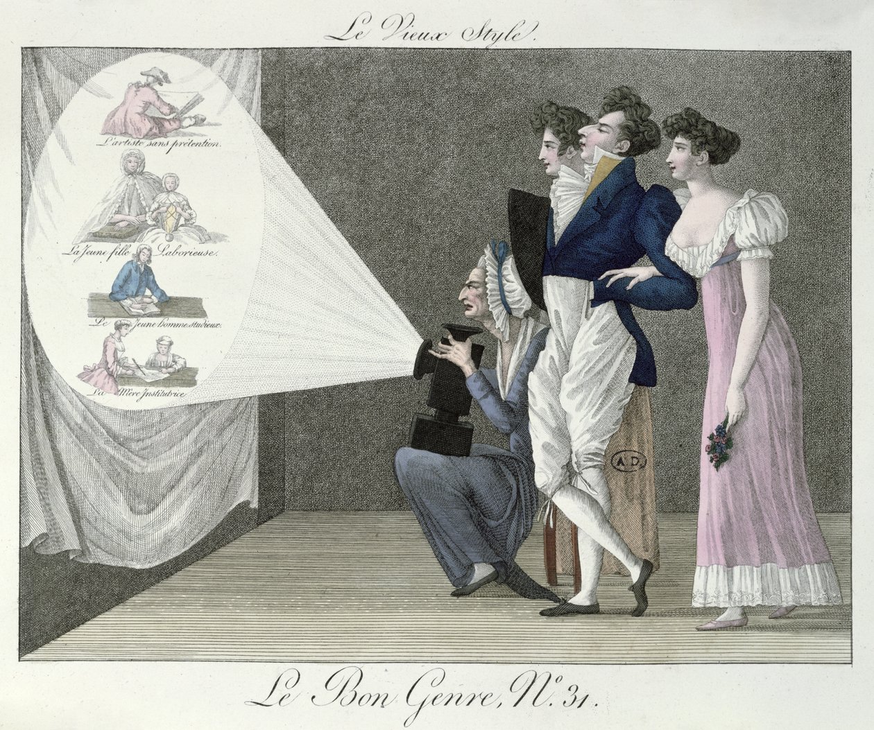 The Old Style, watching a projection of 18th century images from a magic lantern film, illustration from Le Bon Genre by French School
