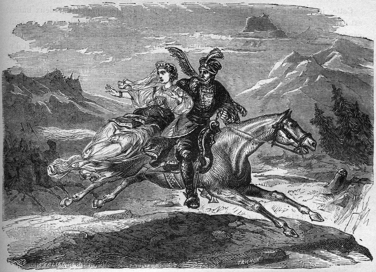 The Polish legend of Princess Heligonde and Count of Tyniec Walgerz. The two lovers in love flee to Poland. Engraving in 