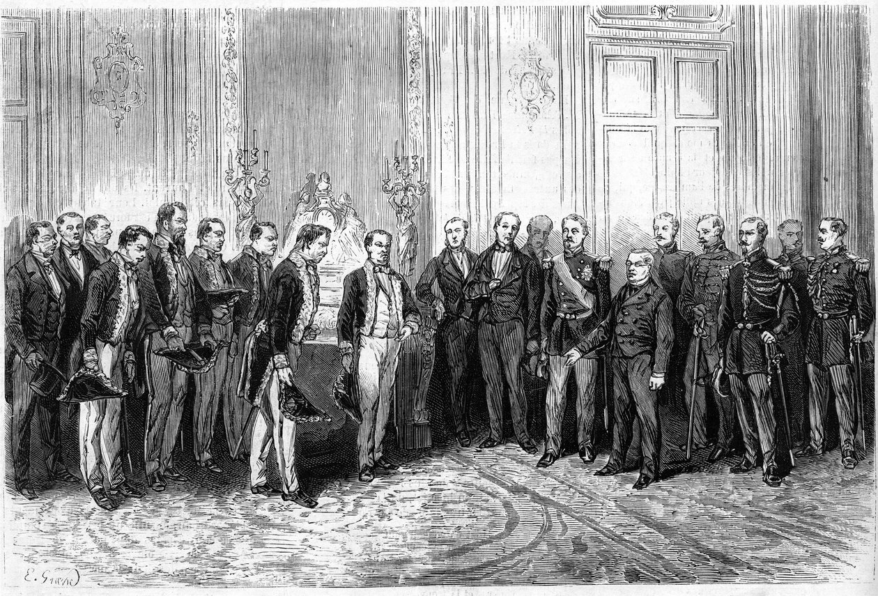 The President of the French Republic Adolphe Thiers received Japanese ambassadors at the Elysee Palace. Engraving in Le Monde Illustré n°821 of January 4 by French School