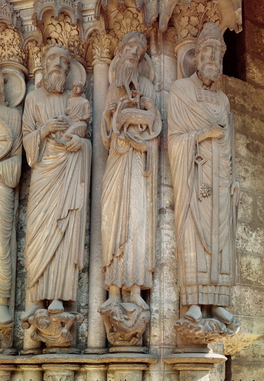The Prophet Simeon, St. John the Baptist and St. Peter, jamb figures from the right hand side of the central door of the north portal by French School