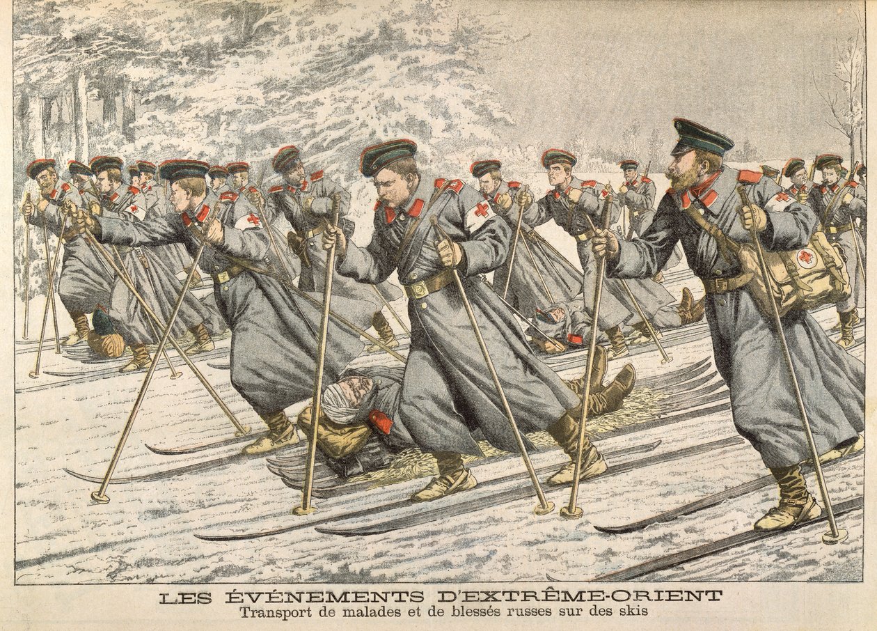 The Red Cross Transporting Injured Russians on Skis during the Russo-Japanese War (1904-05) from Le Petit Journal, c.1904 by French School