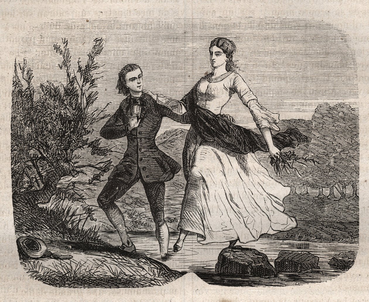 The Swiss Philosopher Jean-Jacques Rousseau (1712-1778) Helped Mademoiselle Galley Cross a Stream. Engraving from 1871 in 
