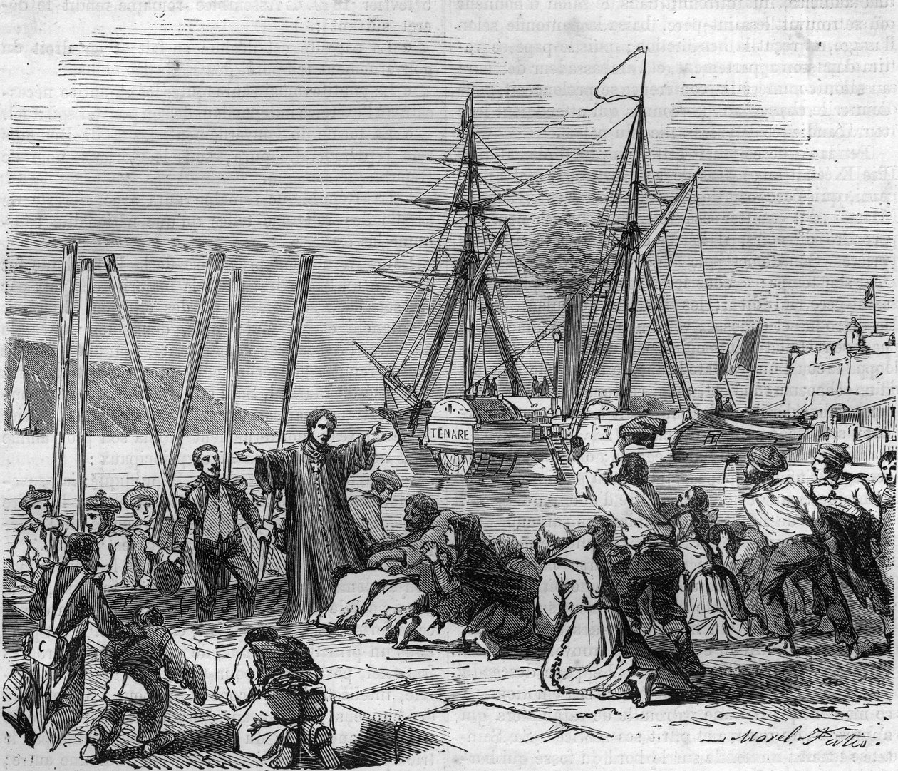 The arrival of Pope Pius IX (Pius IX or Pio IX), whose name was Giovanni Maria Mastai Ferretti (1792-1878) in Civita Vecchia on the Tenare River. Engraving in 
