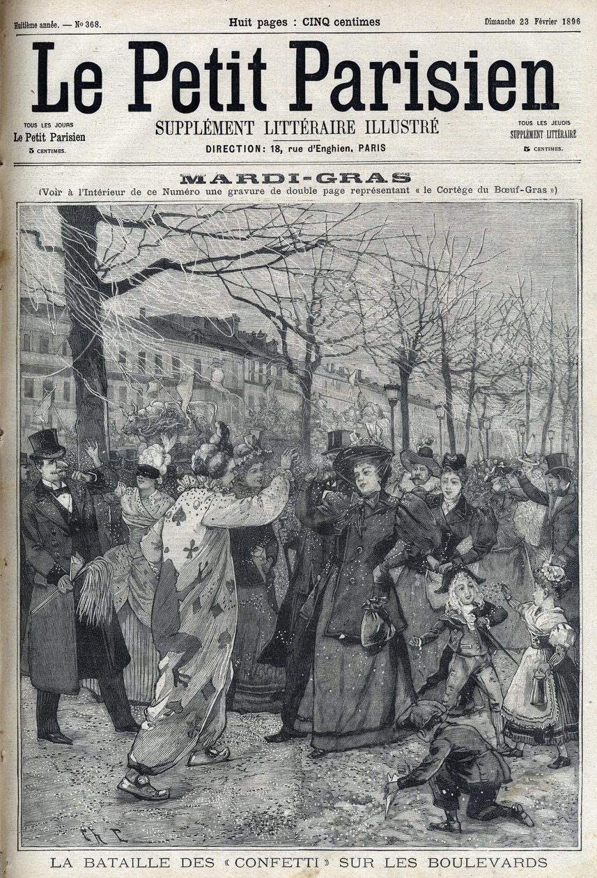 The Battle of Confetti on the Parisian Boulevard During Mardi Gras. Engraving in 