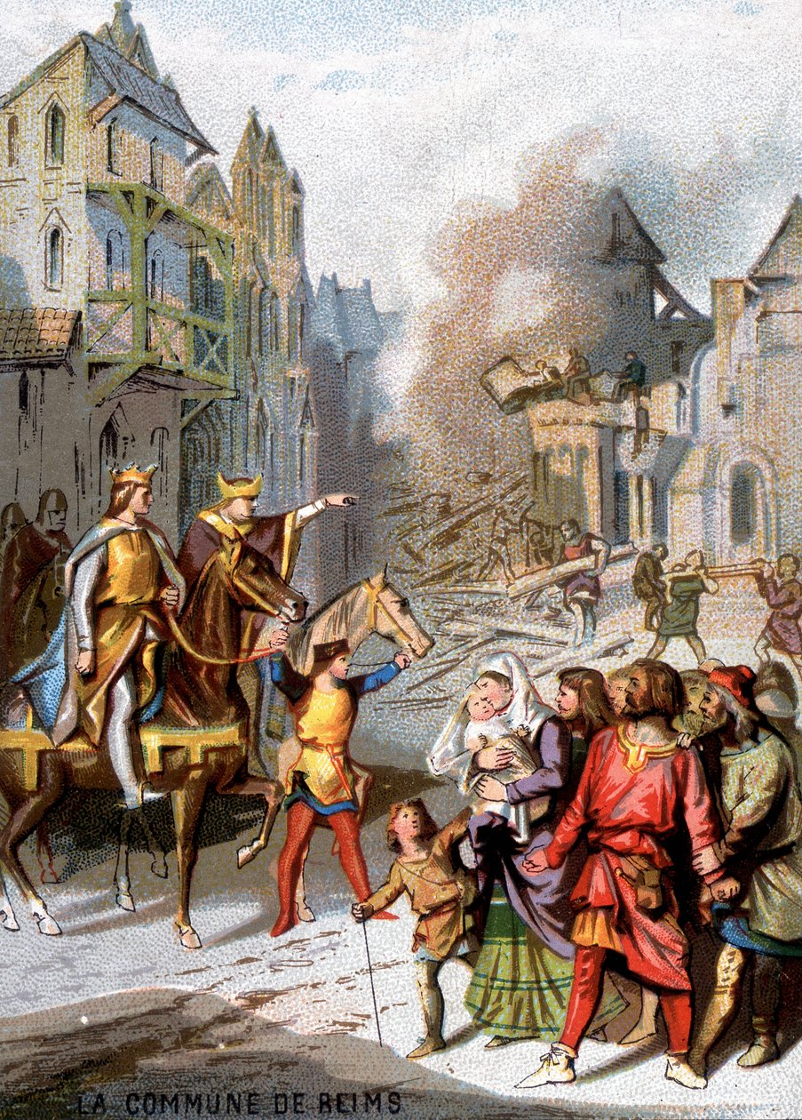 The commune of Reims (1160) - Reprisals of Louis VII to destroy the communal freedoms of the bourgeois of Reims. Chromolithography of the Series Patriotic Education through Image by French School