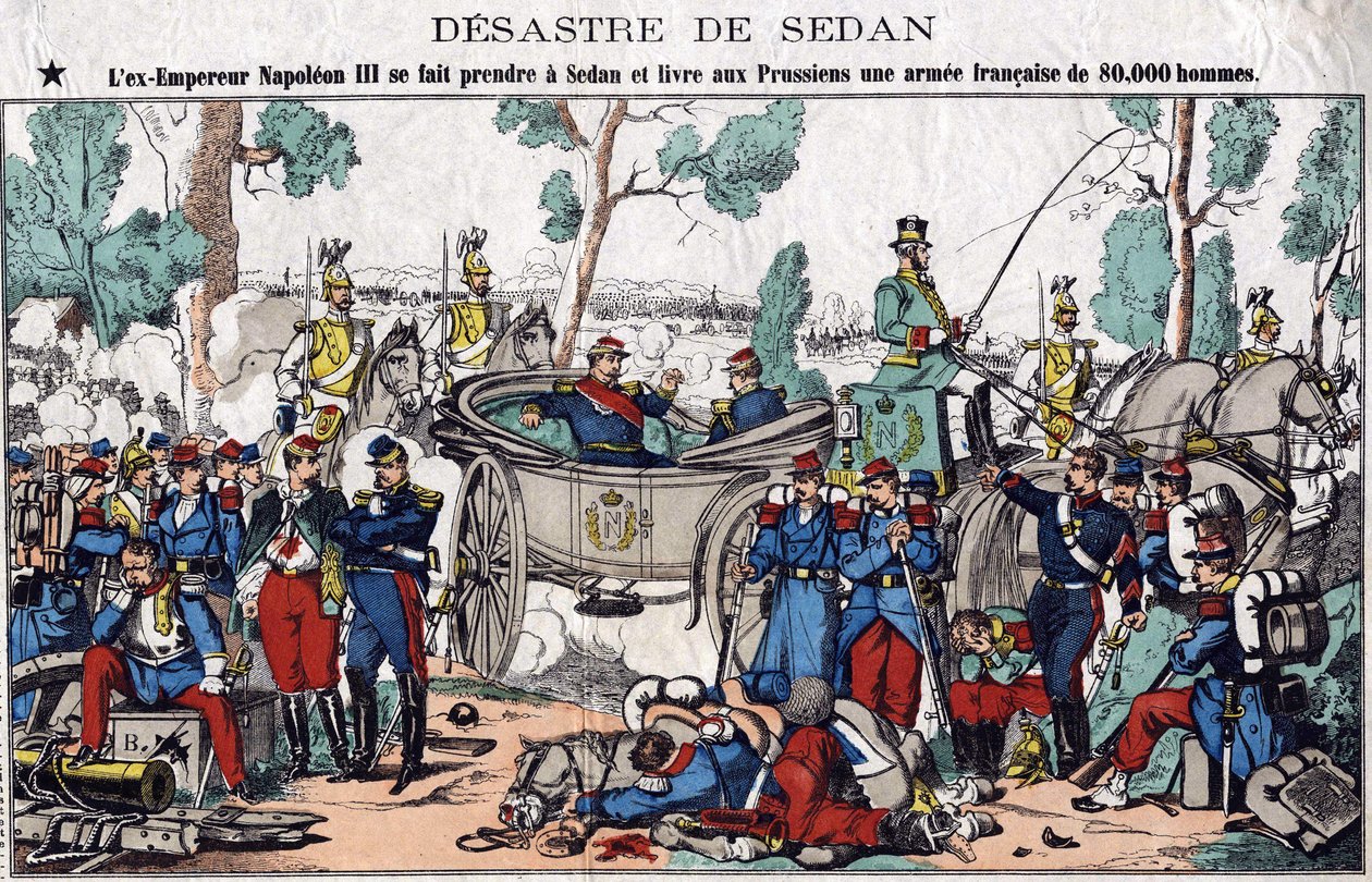 The disaster of Sedan; ex-Emperor Napoleon III gets caught in Sedan and delivers to the Prussians a French army of 80,000 men by French School