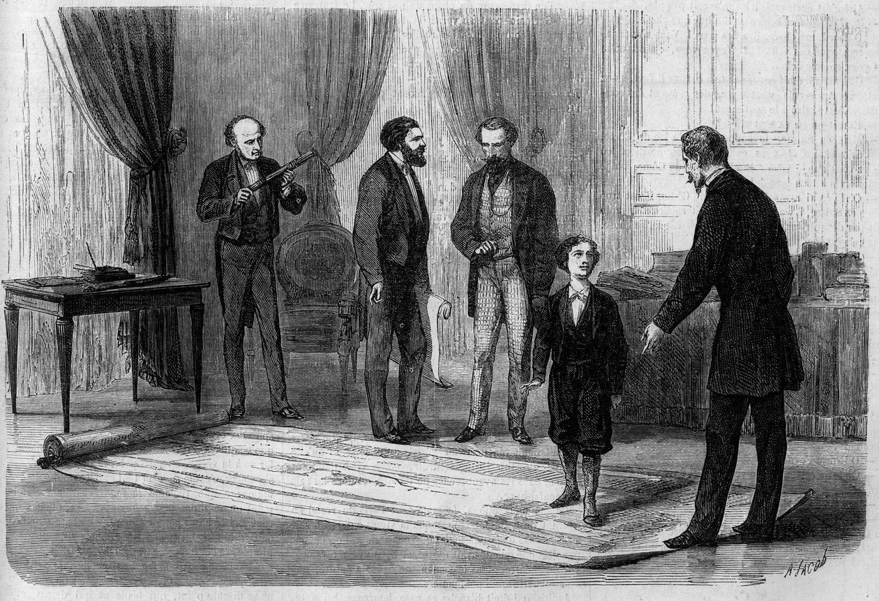 The engineer Boutet presented his plan for a railway bridge between France and England to Emperor Napoleon III (1808-1873), in the presence of his son Prince Imperial (1856-1879) by French School