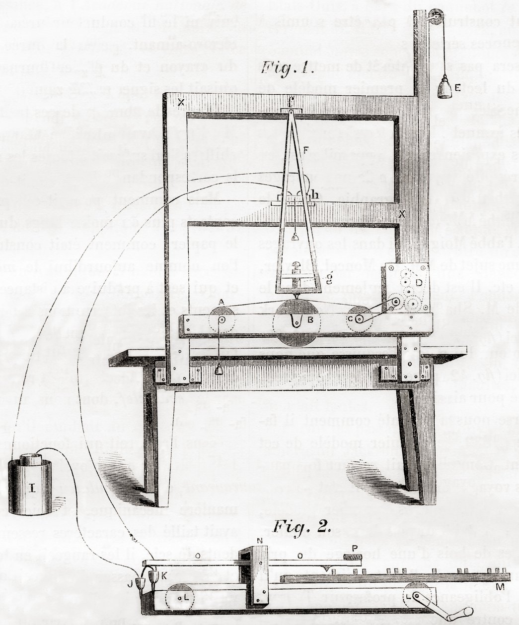The first electrical telegraph invented by Samuel Morse in 1837, from Les Merveilles de la Science, published c.1870 (engraving) by French School