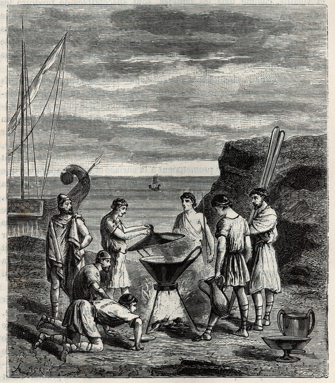 The first navigators in the Greek archipelago obtained fresh water by vaporizing sea water - Engraving in 