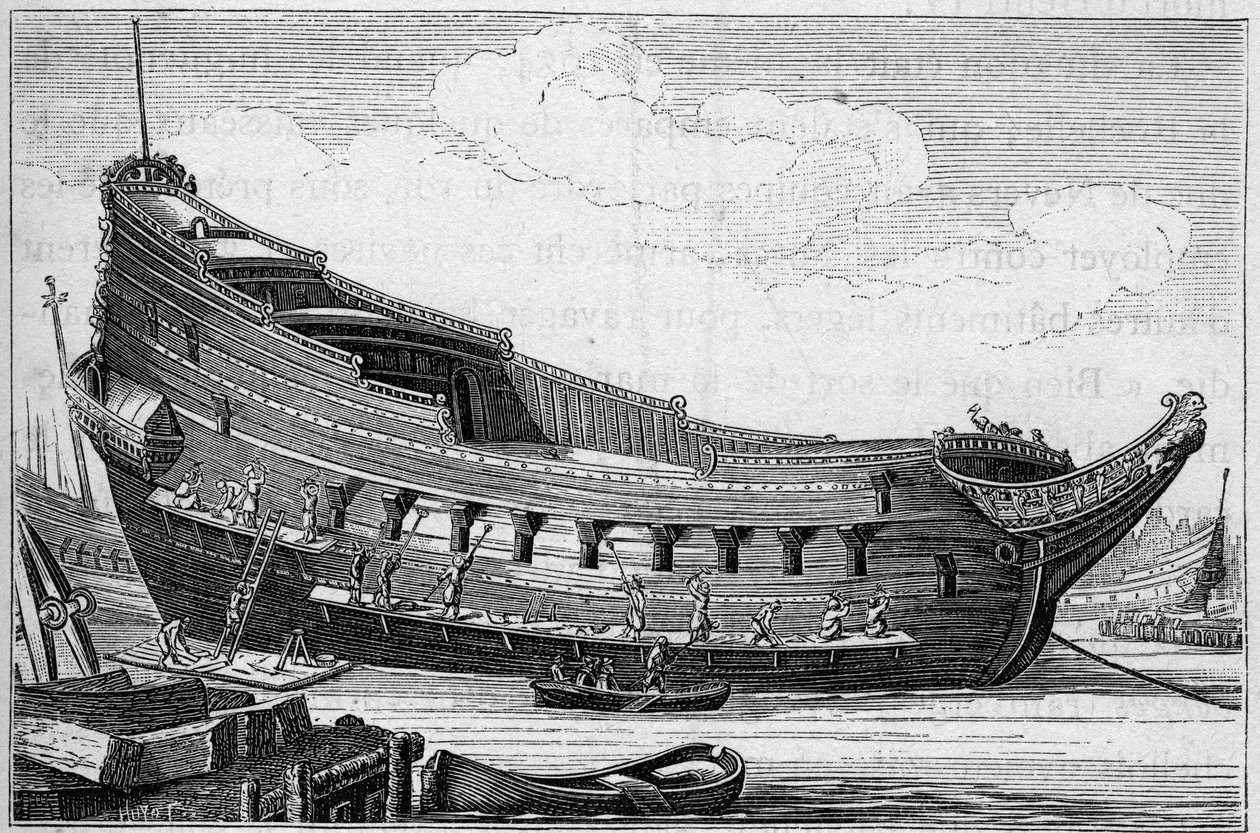 The Hull of a Large Ship in the 17th Century. Engraving in 