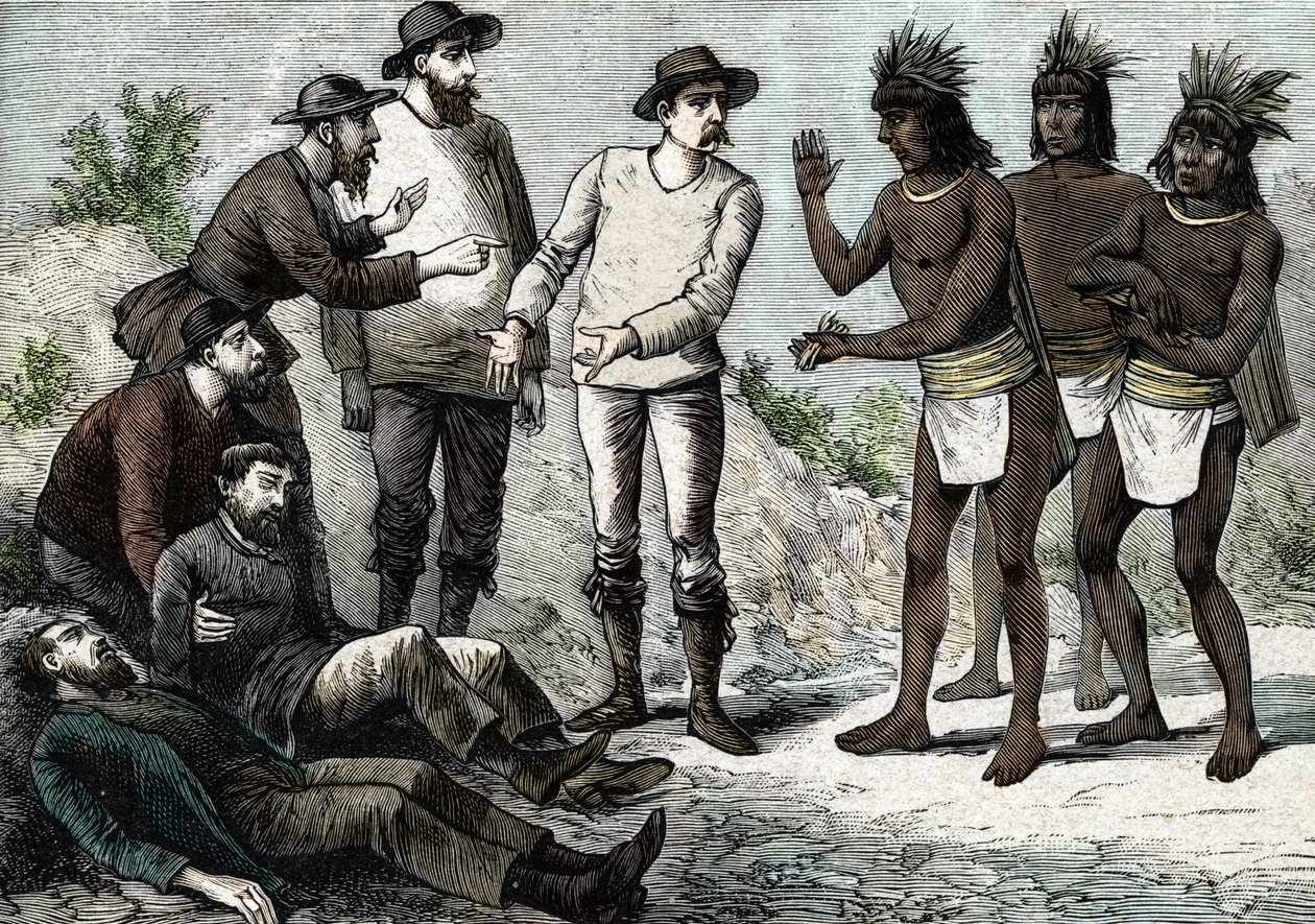 The inhabitants of Peru helping the jesuits suffering of malaria with Cinchona by French School