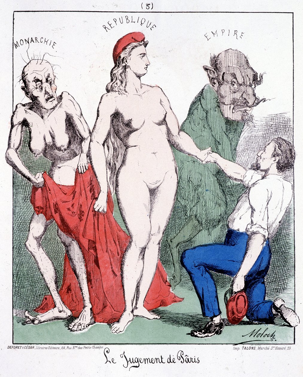 The judgment of Pâris: Monarchy - Republic - Empire (a communard chooses the Republic). Cartoon about the Commune. by French School