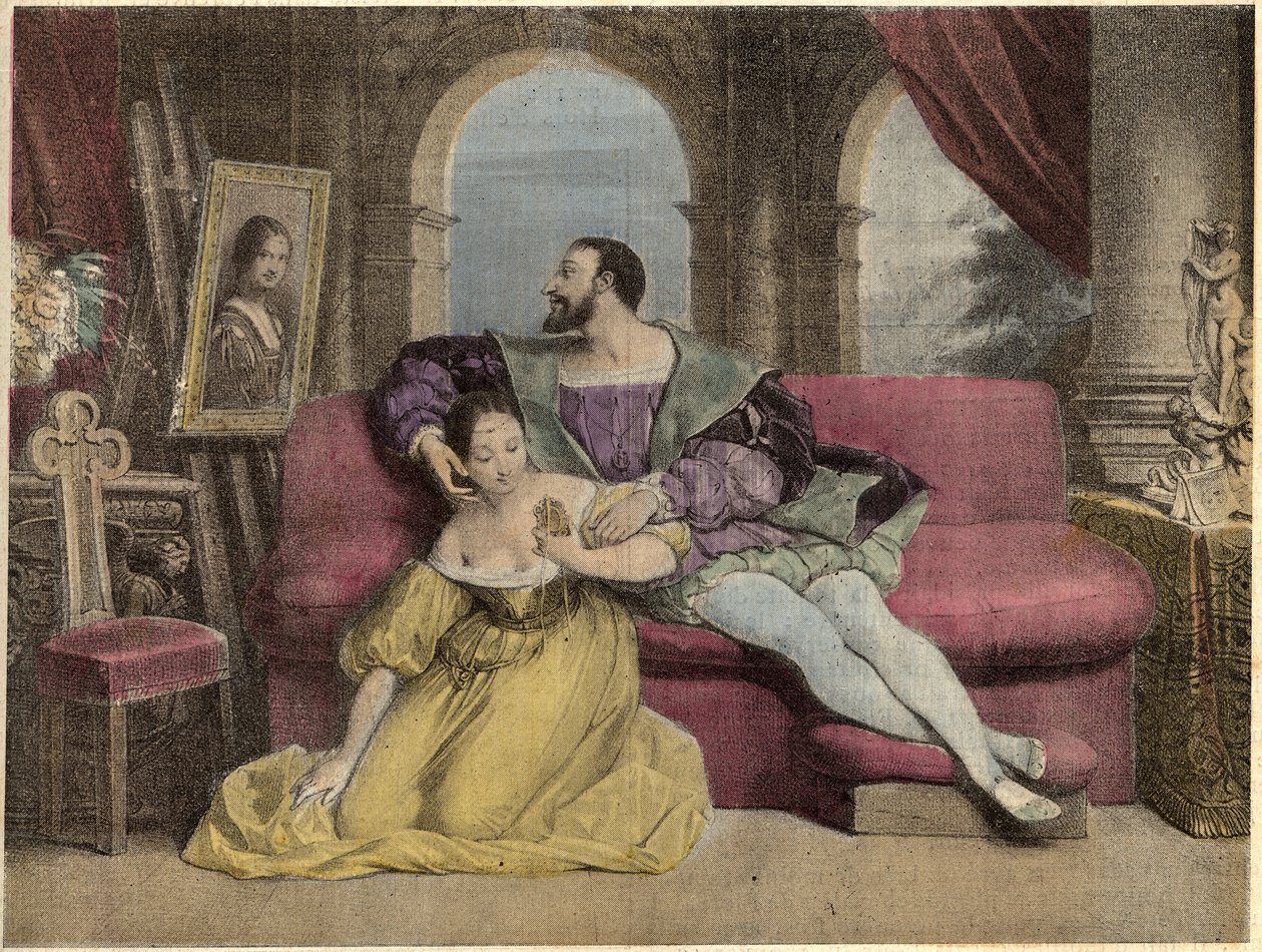 The king of France Francois I and the beautiful ironwork. Lithograph of Daveria from 1838 in 