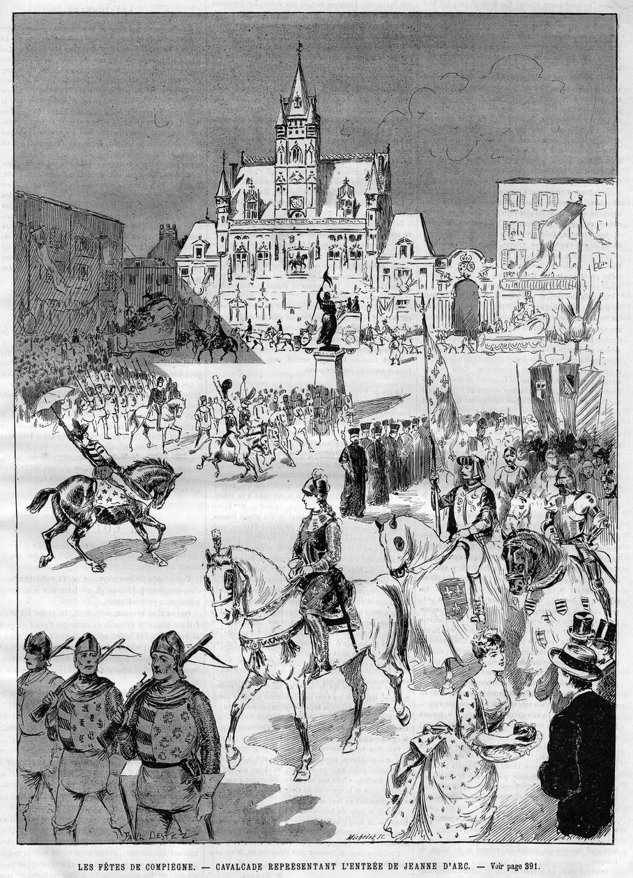 The medieval feasts of Compiegne in 1886: cavalcade representing the entrance of Joan of Arc (1412-1431). Engraving in 