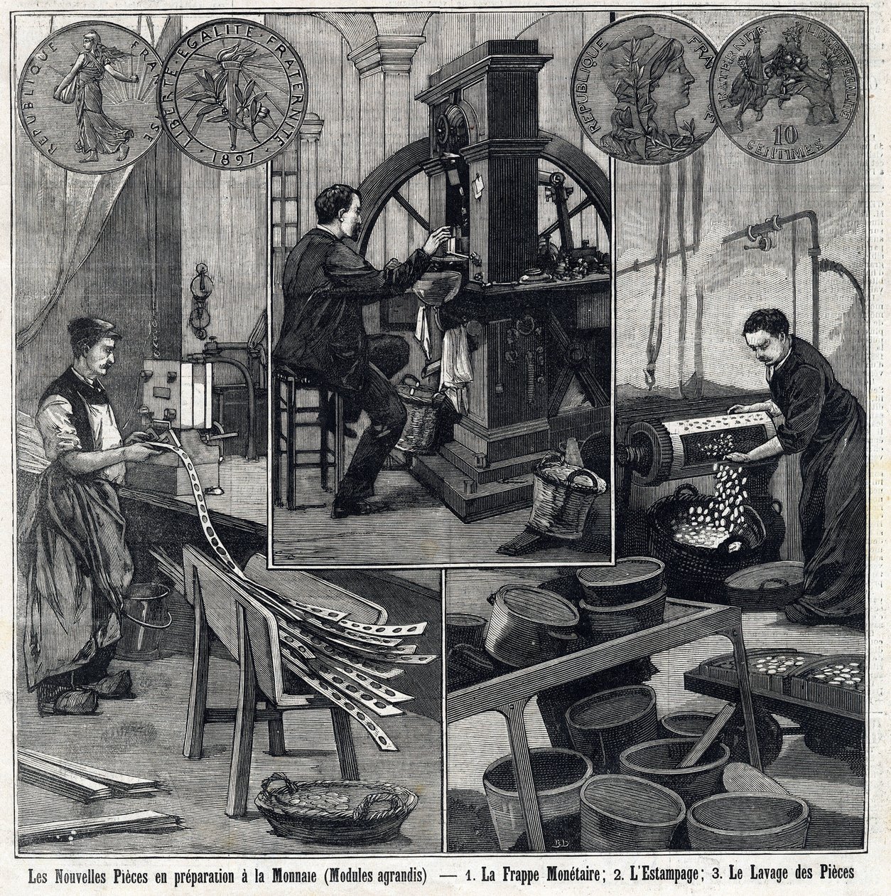 The new French coins in preparation have the coins and the manufacturing stages (monetary typing, stamping and washing of coins). In The Little Parisien by French School