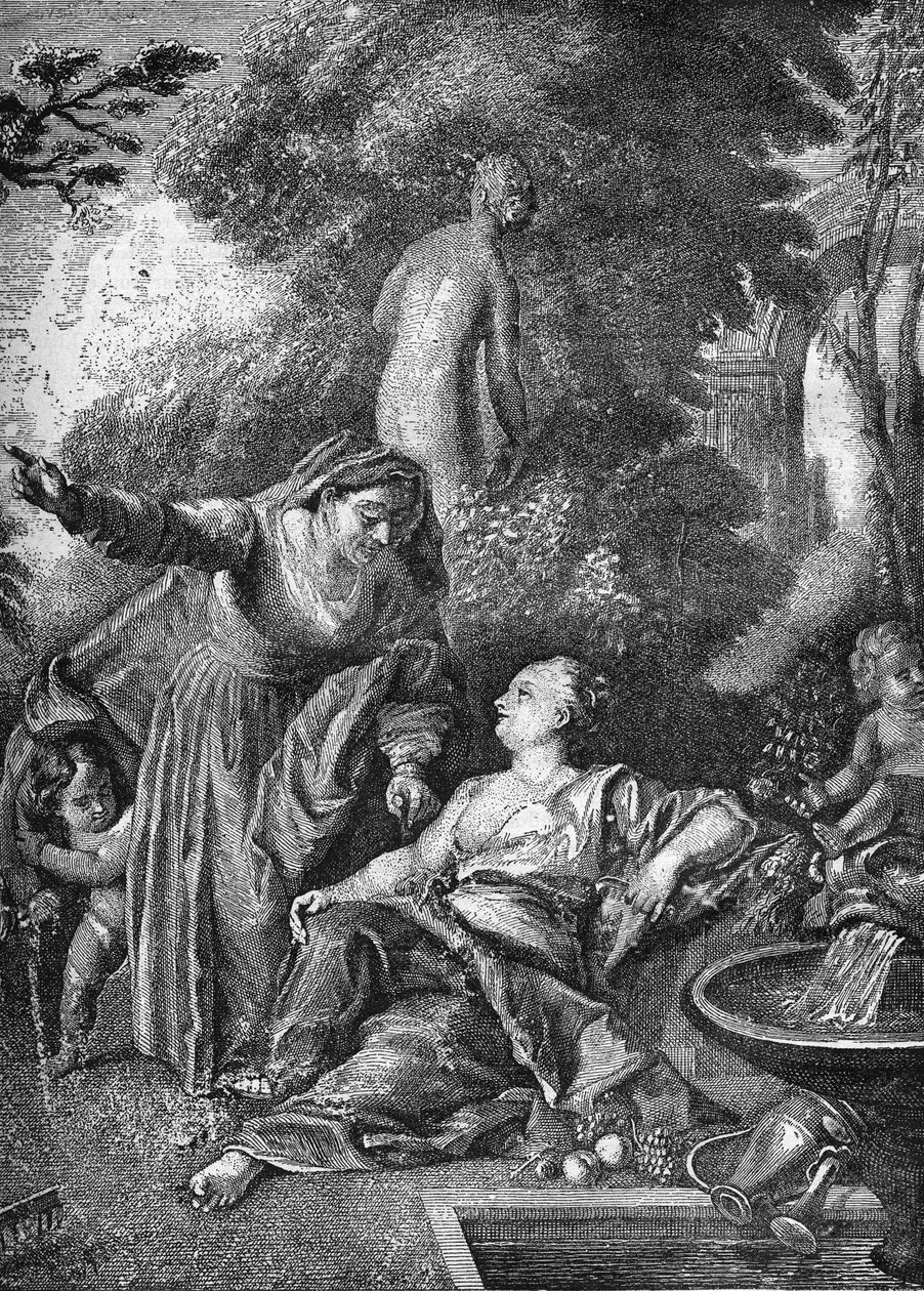 The old prostitutes became matchmakers (procuring). Engraving in 