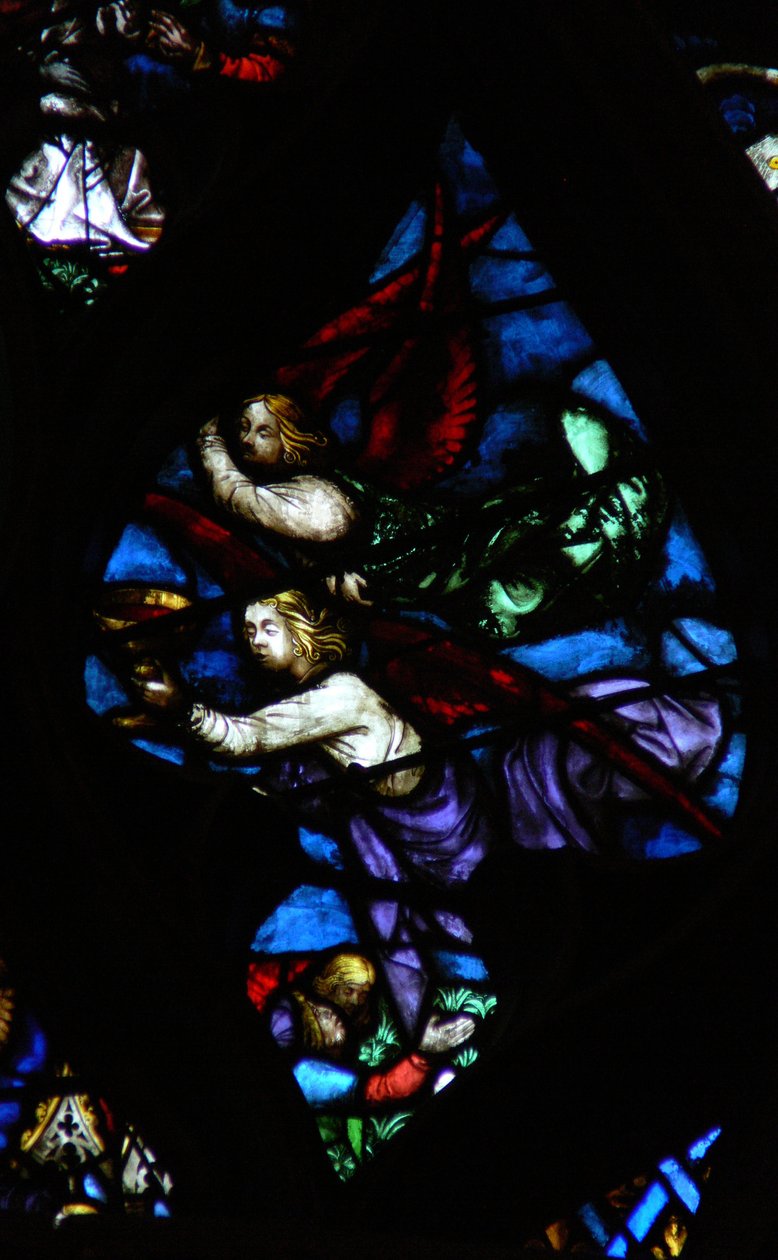 The west rose window depicting a scene from the Book of Revelation: Two angels, one announcing Babylon is fallen, the other carrying the wine of the wrath of God by French School
