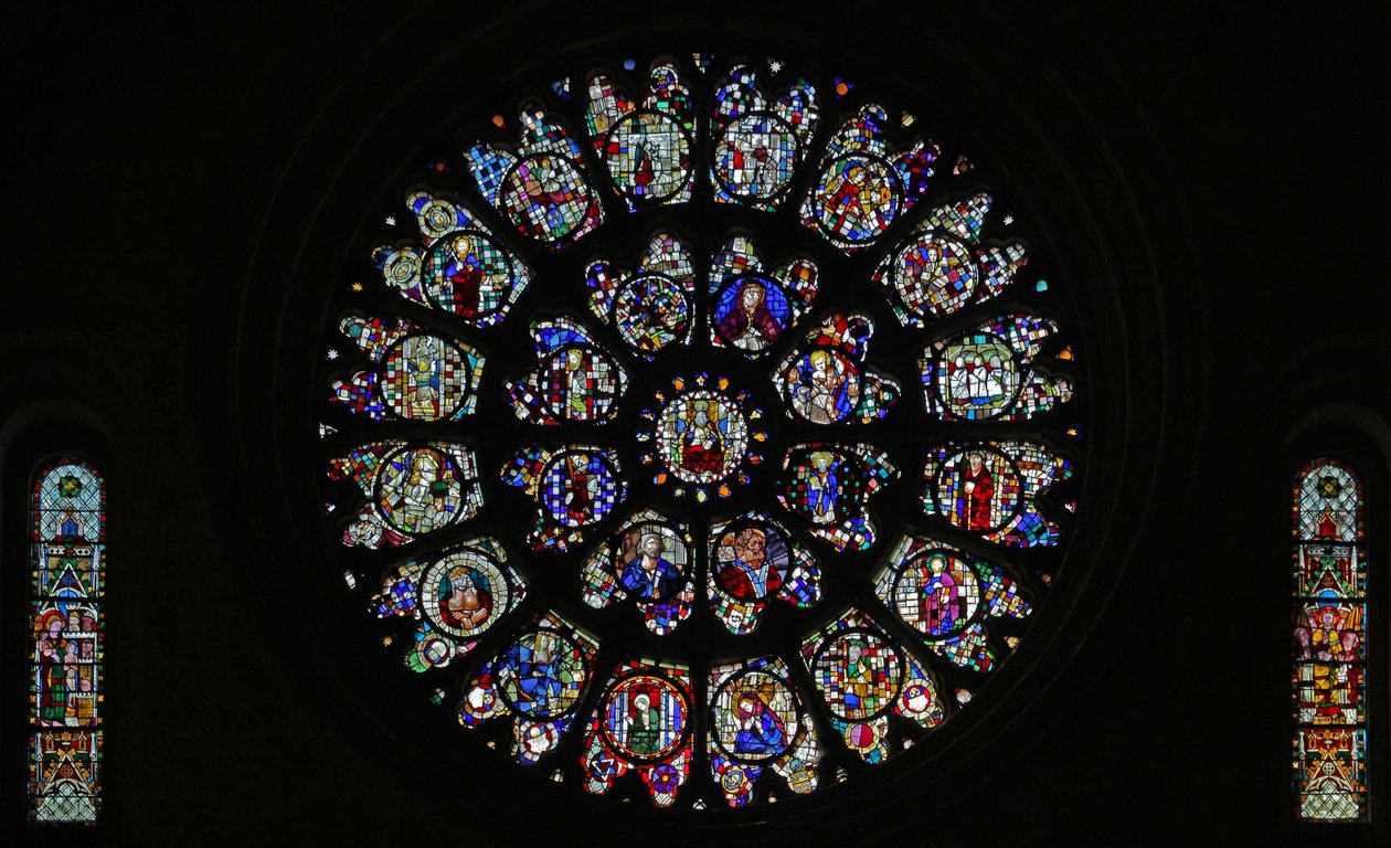 The west rose window with fragmentary fifteenth and sixteenth panels mostly depicting saints (rose window - internal) by French School