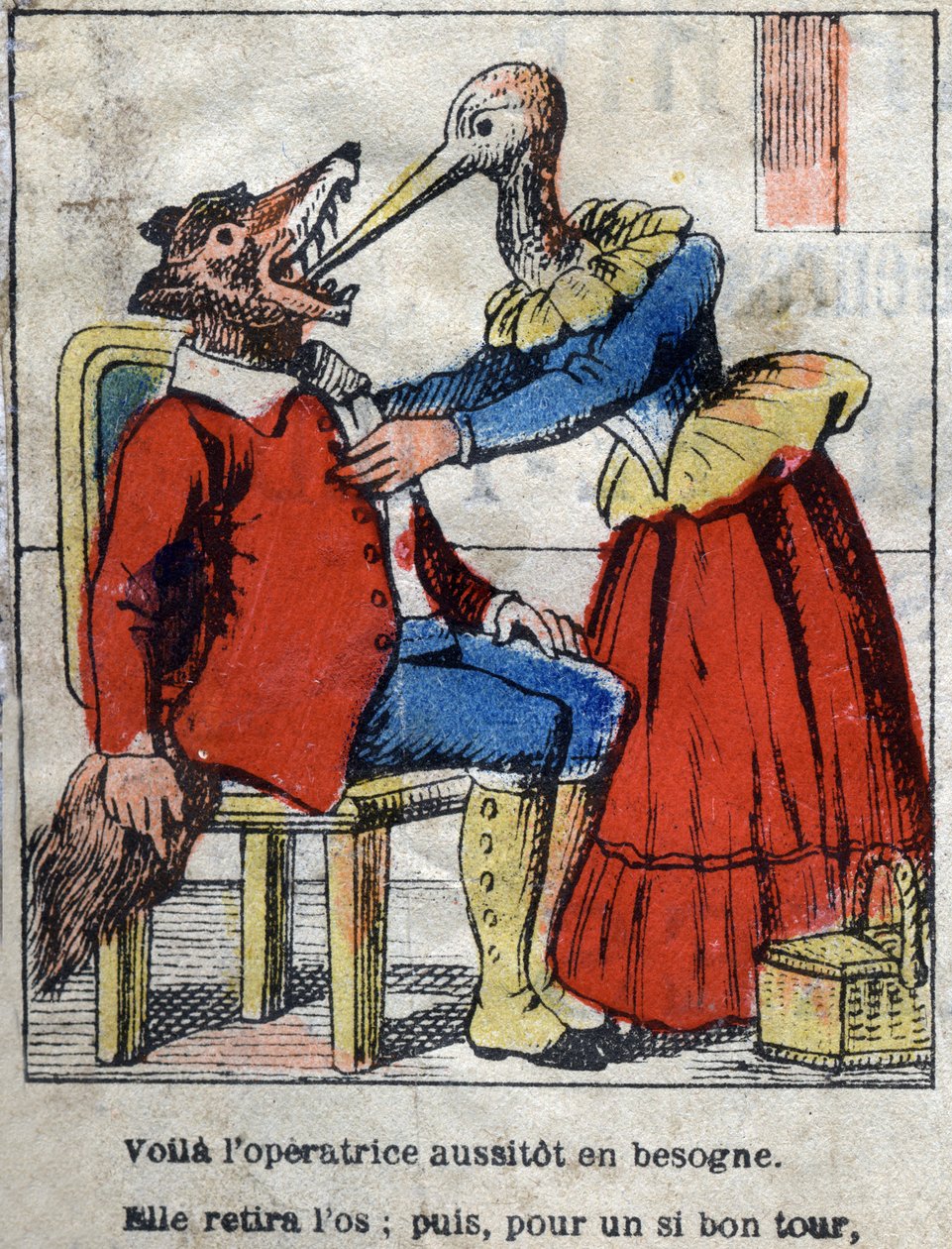The wolf and the stork. Fables by Jean de La Fontaine. Epinal imaging from the end of the 19th century by French School