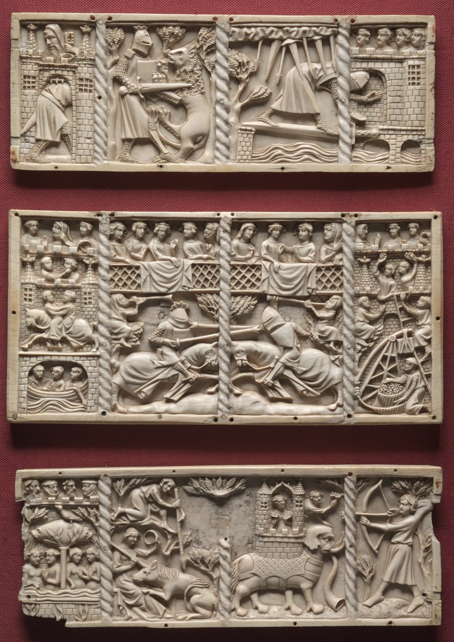 Three Panels from a Casket with Scenes from Courtly Romances, c.1330-1350 by French School