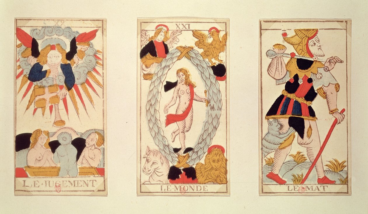 Three tarot cards depicting Judgement, The World and The Fool by French School