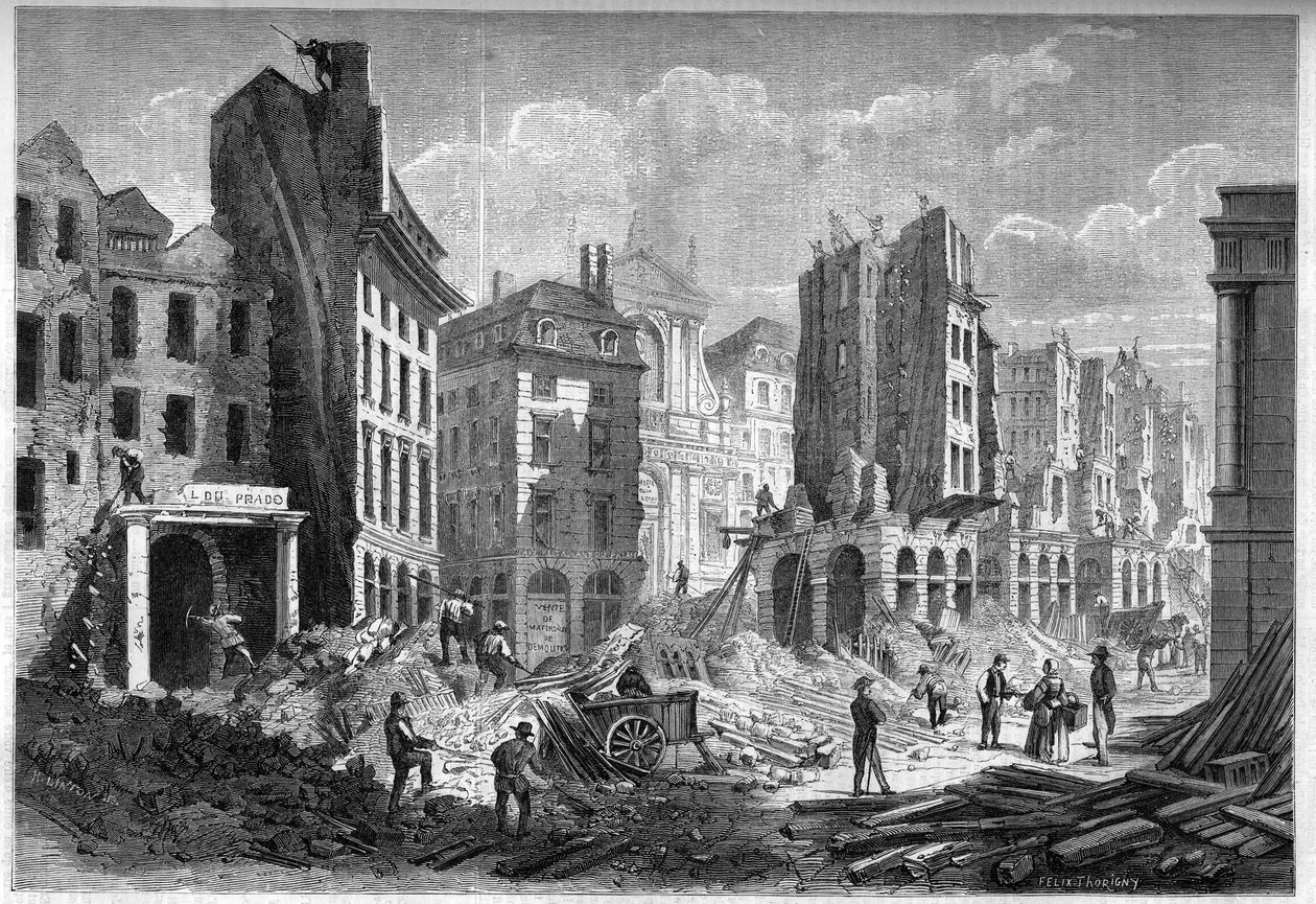 Transformations of Paris under the Second Empire, Paris Haussmann: demolition of Rue de la Barillerie for the piercing of Boulevard Sebastopol. Engraving in 