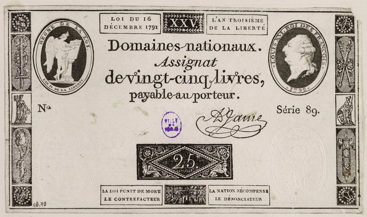 Twenty-Five Livres Banknote, Series 89 by French School